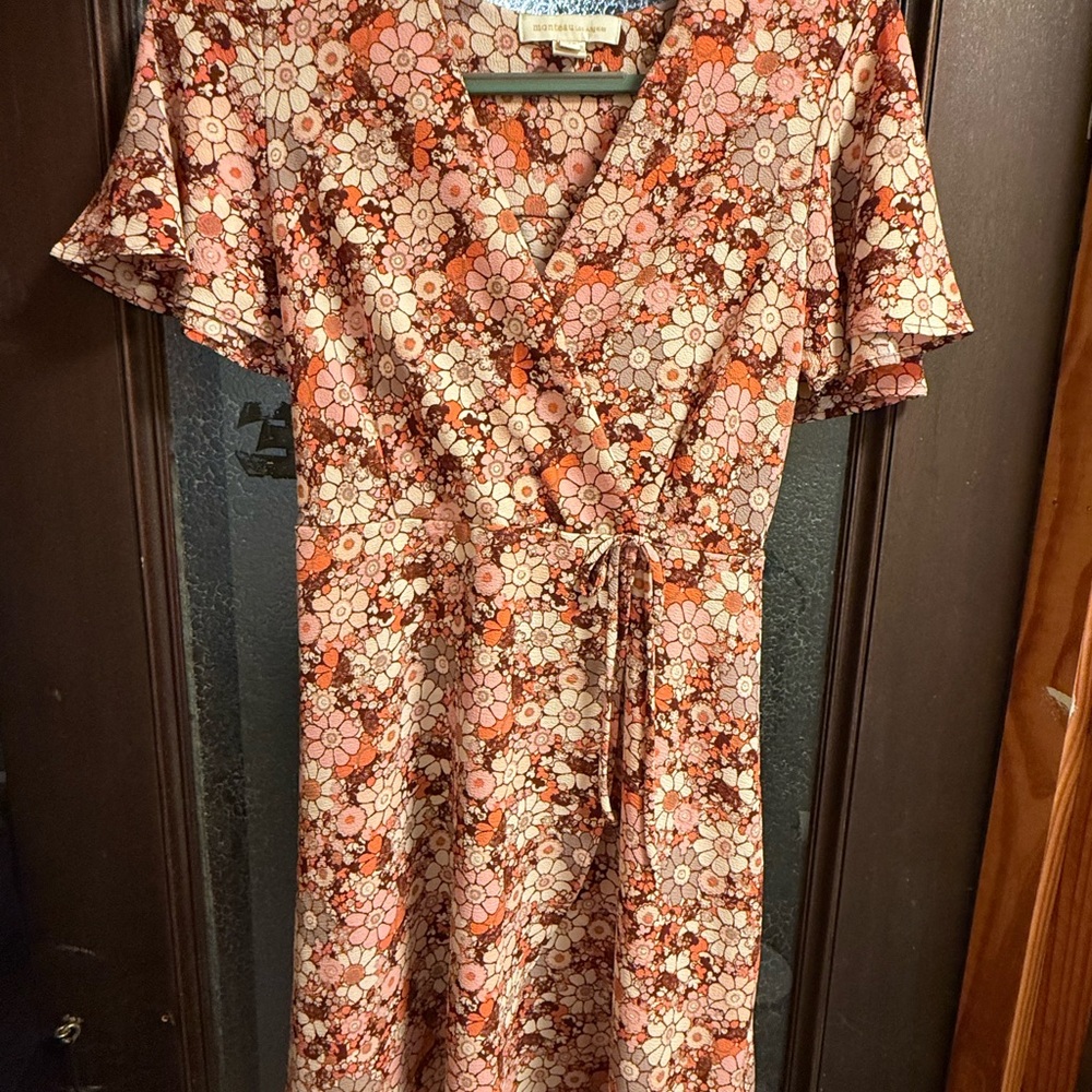 Monteau Orange Pink Tie Front Flutter Sleeve Midi Dress